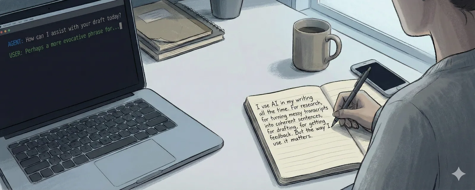 Writing in a notebook with an agent prompt in the background