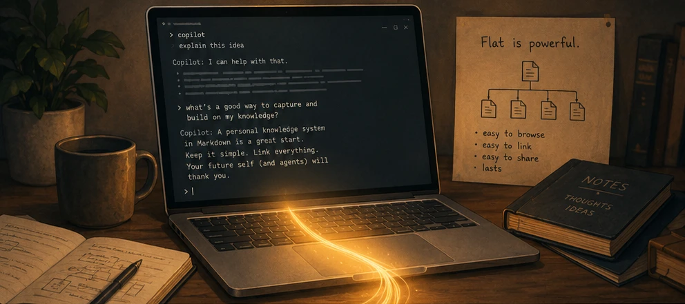 A warm light flowing from a Copilot CLI conversation into a folder of Markdown notes