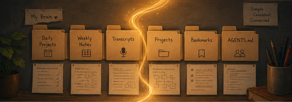 A lived-in Brain folder map with notes, project files, transcripts, bookmarks, and AGENTS.md connected by light