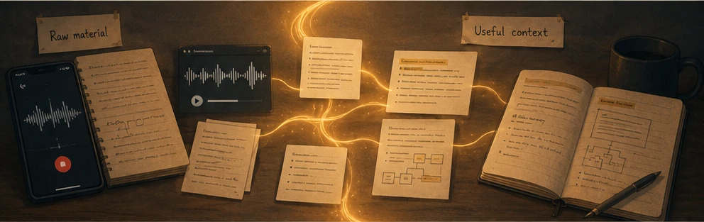 Transcript pages and voice memo waveforms flowing into summaries and project notes