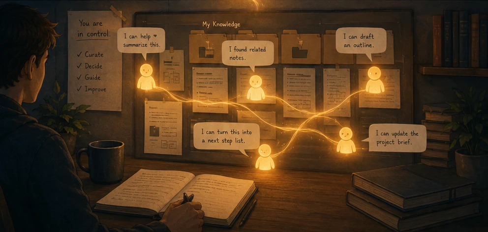 Small abstract agent lights reading from organized Markdown notes while the human stays in control
