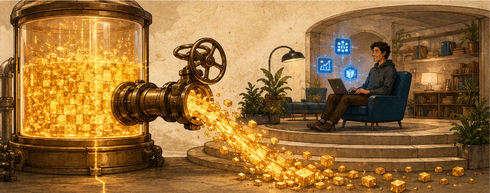 A glowing reservoir releasing valuable compute through an open valve